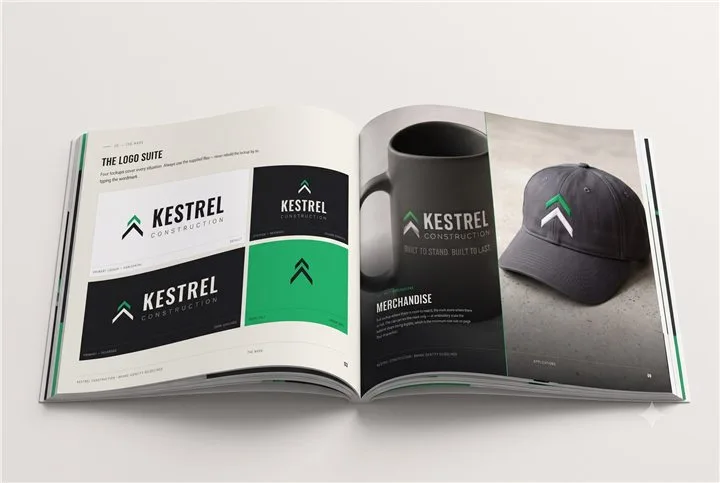 A brand book produced by Purpose Driven Socials, shown open to a spread