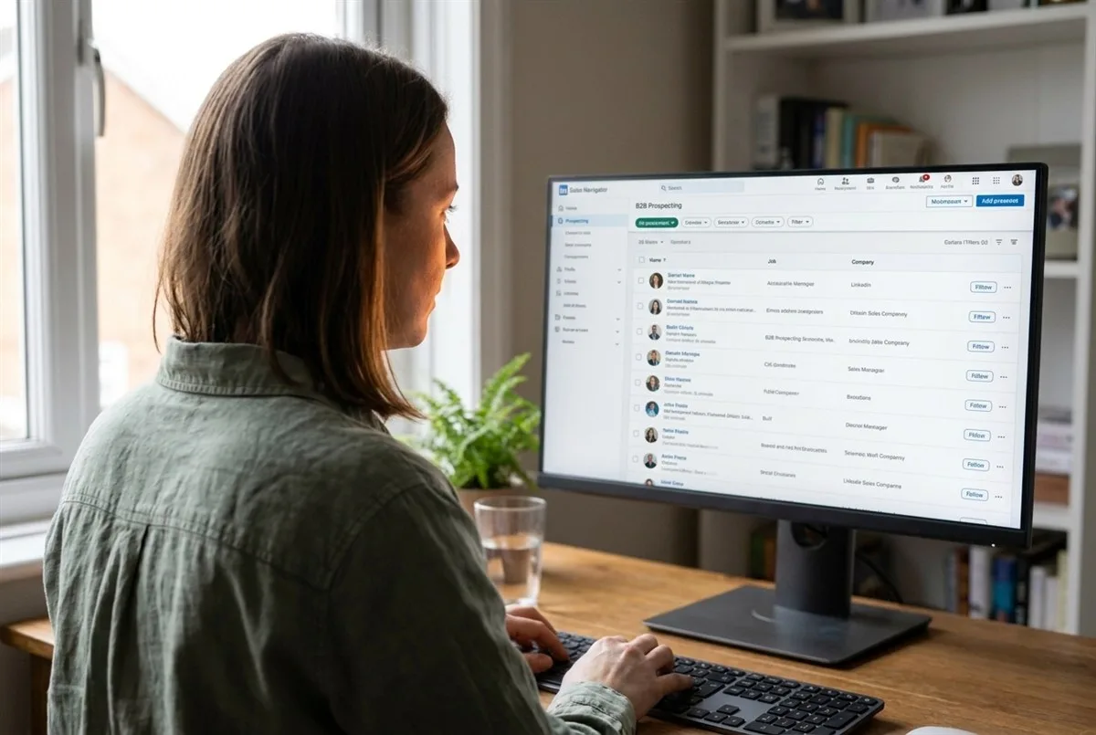 Illustrative outreach scene: a strategist working through a professional network campaign